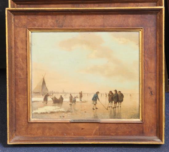 Hendrik Willen Schweickhardt (1746-1797) Figures on a frozen lake in winter and On the beach in summer 9 x 11in.